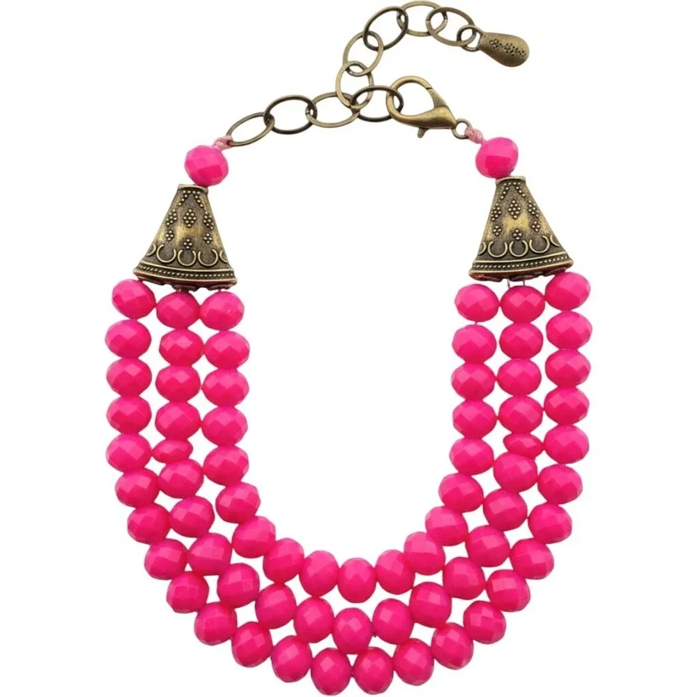 Triple Strand Necklace Womens Hot Pink Beaded Statement Pavé Ball